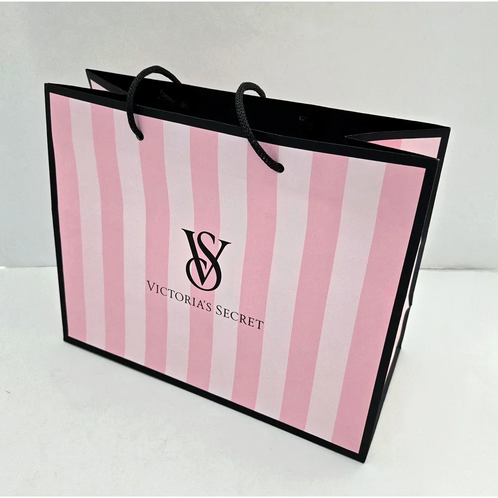 Victorias Secret Paper Shopping Gift Bag With Tissue Pink Black Glossy 11